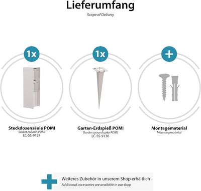 ledscom.de Garten-Steckdosen-Säule POMI mit Erdspiess für aussen, IP44, 2-Fach, Edelstahl, eckig, 23