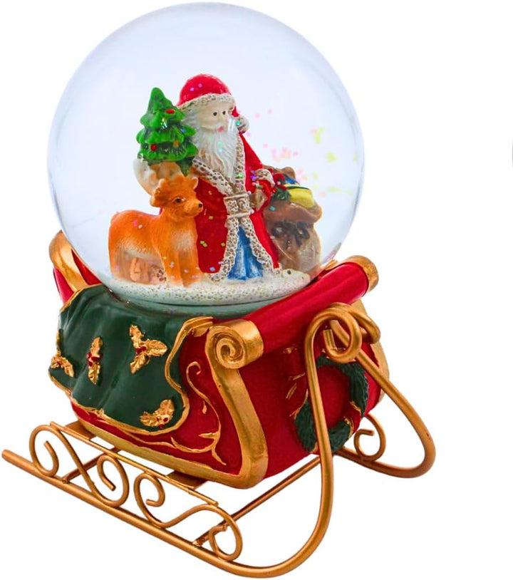 Dekohelden24 Hochwertige Schneekugel Weihnachtsmann auf Schlitten, aufwendig dekorierter Sockel als