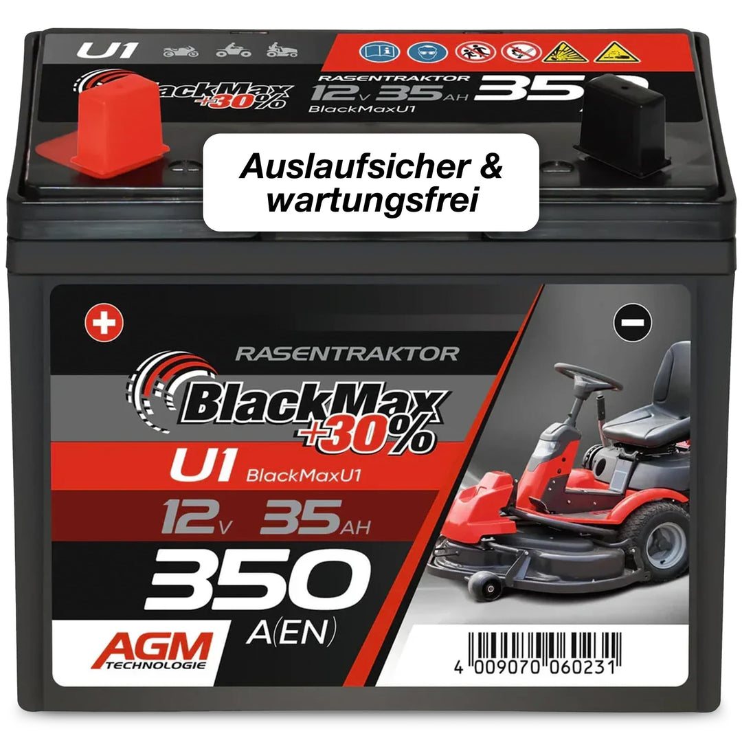 BlackMax Rasentraktor Batterie 12V 32Ah 330A (Pluspol Links) - U1-9 +30% Starterbatterie (12 Volt) f