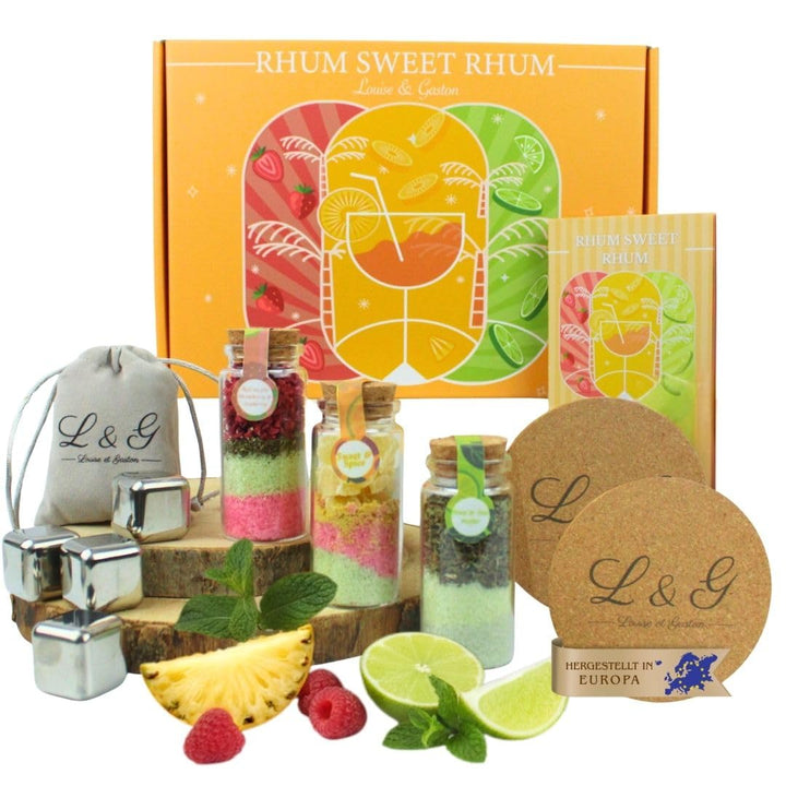 L&G – Rum Sweet Rum Geschenkset | Rum Selber Machen Set mit 3 Gewürzflaschen, Edelstahl-Eiswürfeln &