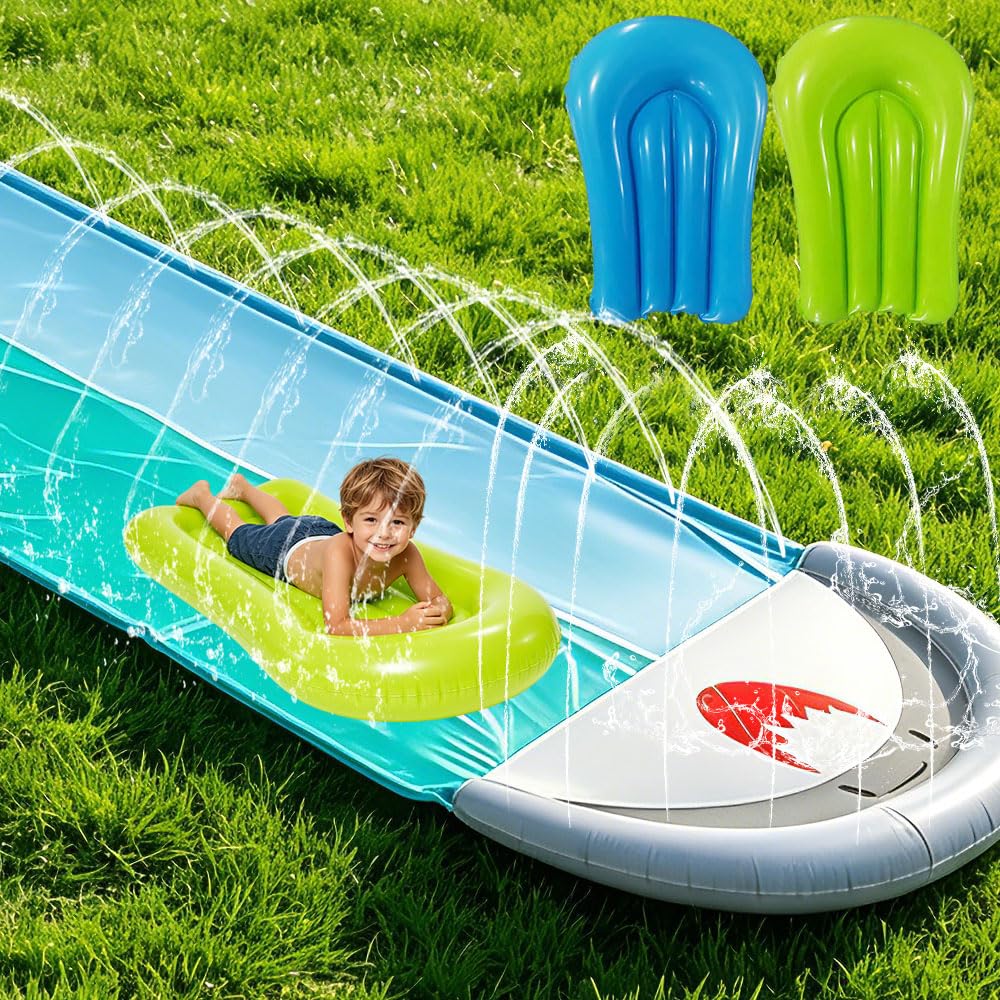 Wasserrutsche Garten, 550x145cm Doppel-Wasserrutsche, Wasserrutschmatte mit Eingebautem Sprinkler, 2
