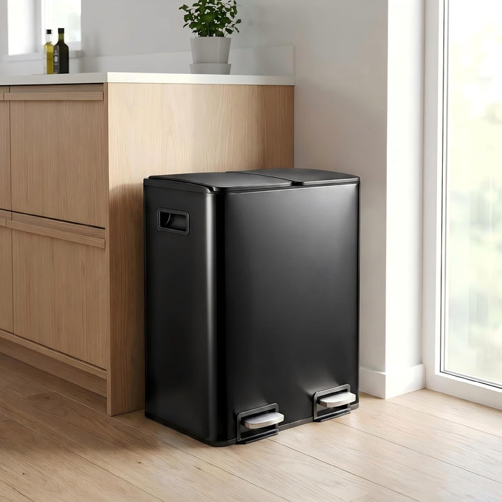 Mülleimer Küche 2 x 24L(48L), Edelstahl Treteimer mit Deckel, Mülltrennsystem 2 Fächer, Abfalleimer