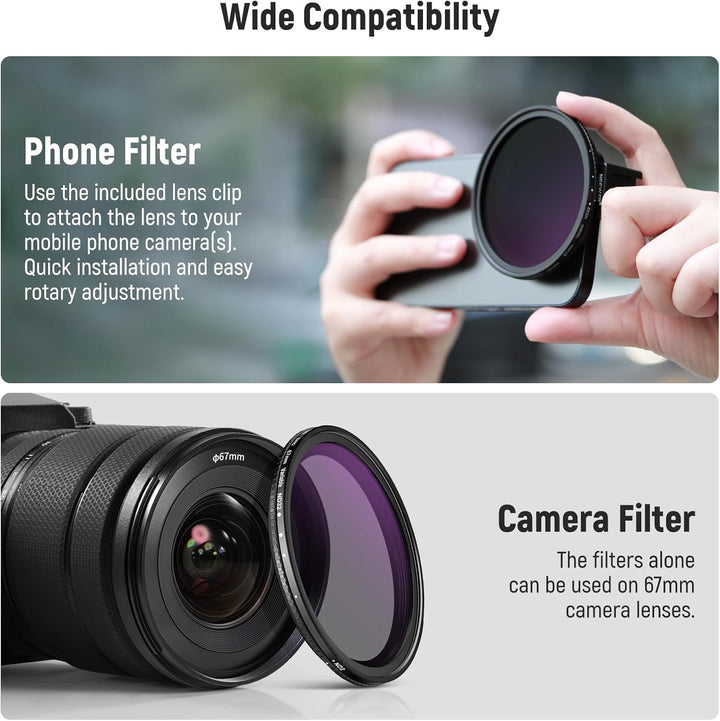Neewer 67 mm Variables ND2-ND32 Handy-Objektivfilter-Set, Handy-Clip mit Gewindeadapterring/Kaltschu