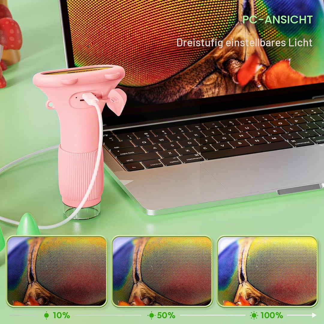 Mikroskop für Kinder, Ashfly 1000X Taschenmikroskop mit 2,0" IPS-Bildschirm USB Microscope Lupe, 8 L