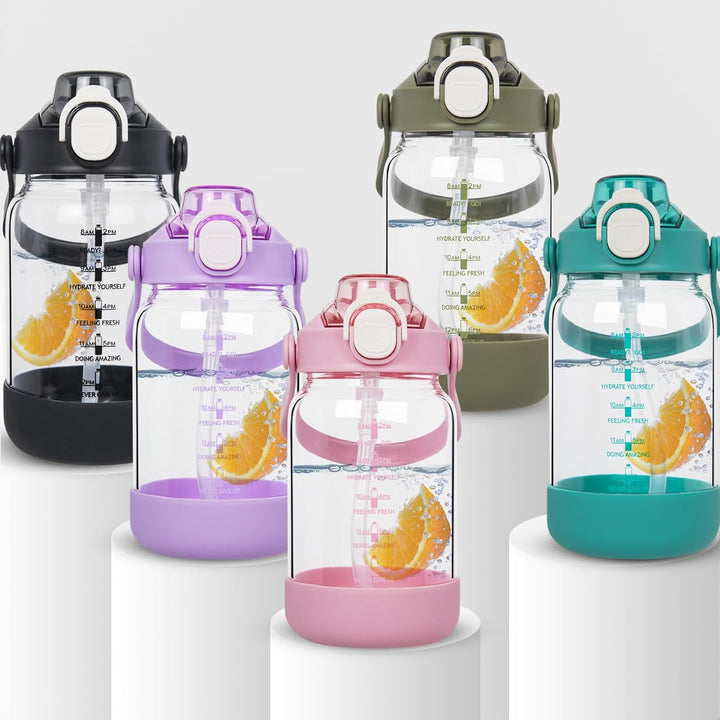 Seekua 1l Trinkflasche Glas Flasche mit Strohhalm & Zeitmarkierung, 1 liter Wasserflasche mit Frücht