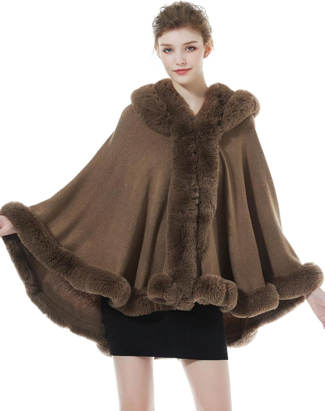 BEAUTELICATE Damen Kunstpelz Strick Poncho Cape Warm Umhang Gestrickt mit Kapuze Cardigan Brautjacke