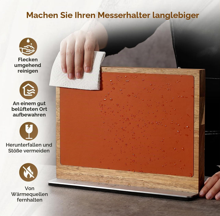 XINZUO Magnetisch Messerhalter Akazienholz, Zweifarbige Lederoberfläche, Doppelseitig erhältlich, Oh