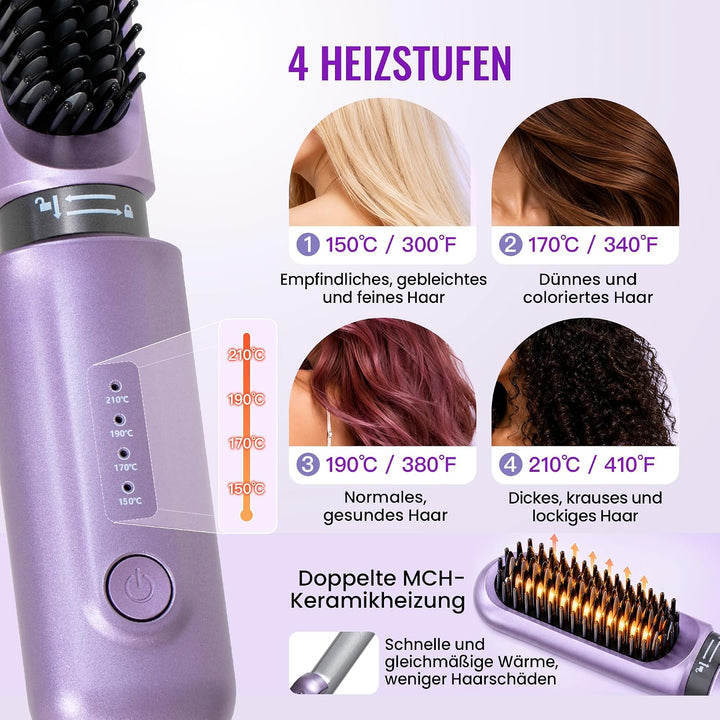 2-in-1 Kabellose Glättungsbürste Lockenstab, Akku Wärmebürste Haarglätter, wiederaufladbares Haarloc