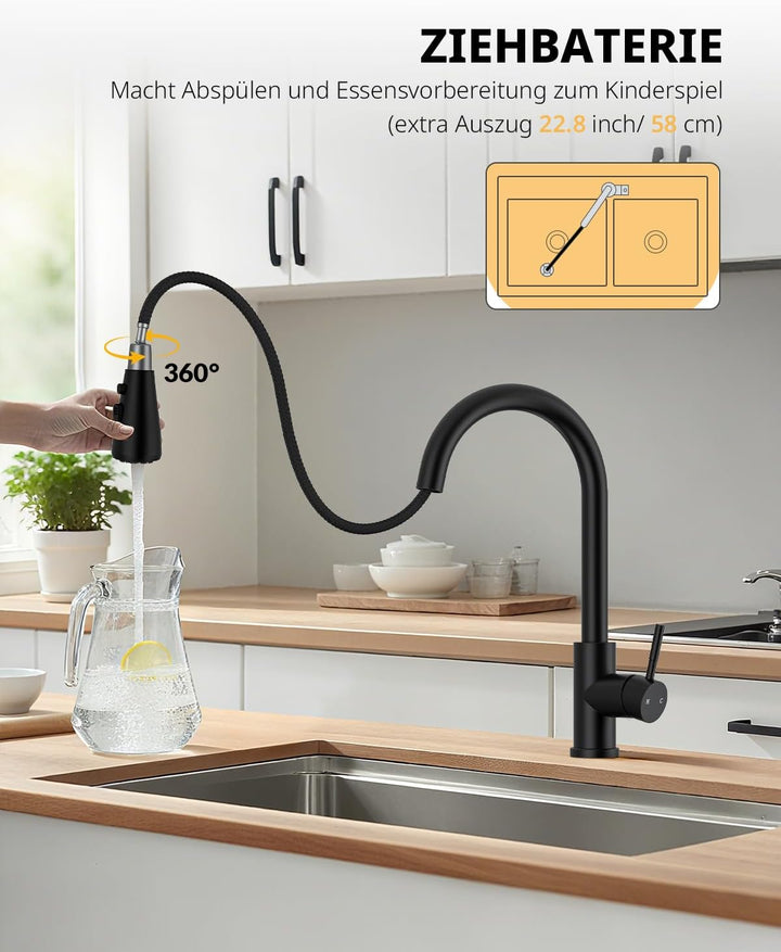 Küchenarmatur, Ausziehbarer Wasserhahn mit Edelstahl-Sprühbrause und 3 Sprühfunktionen, 360° schwenk