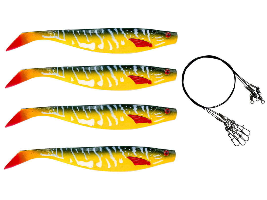 Petri's Catch 2016 PetrisCatch 4er Gummifisch Set + 4 Stahlvorfächer, 15cm, UV aktiv, Hecht, Zander