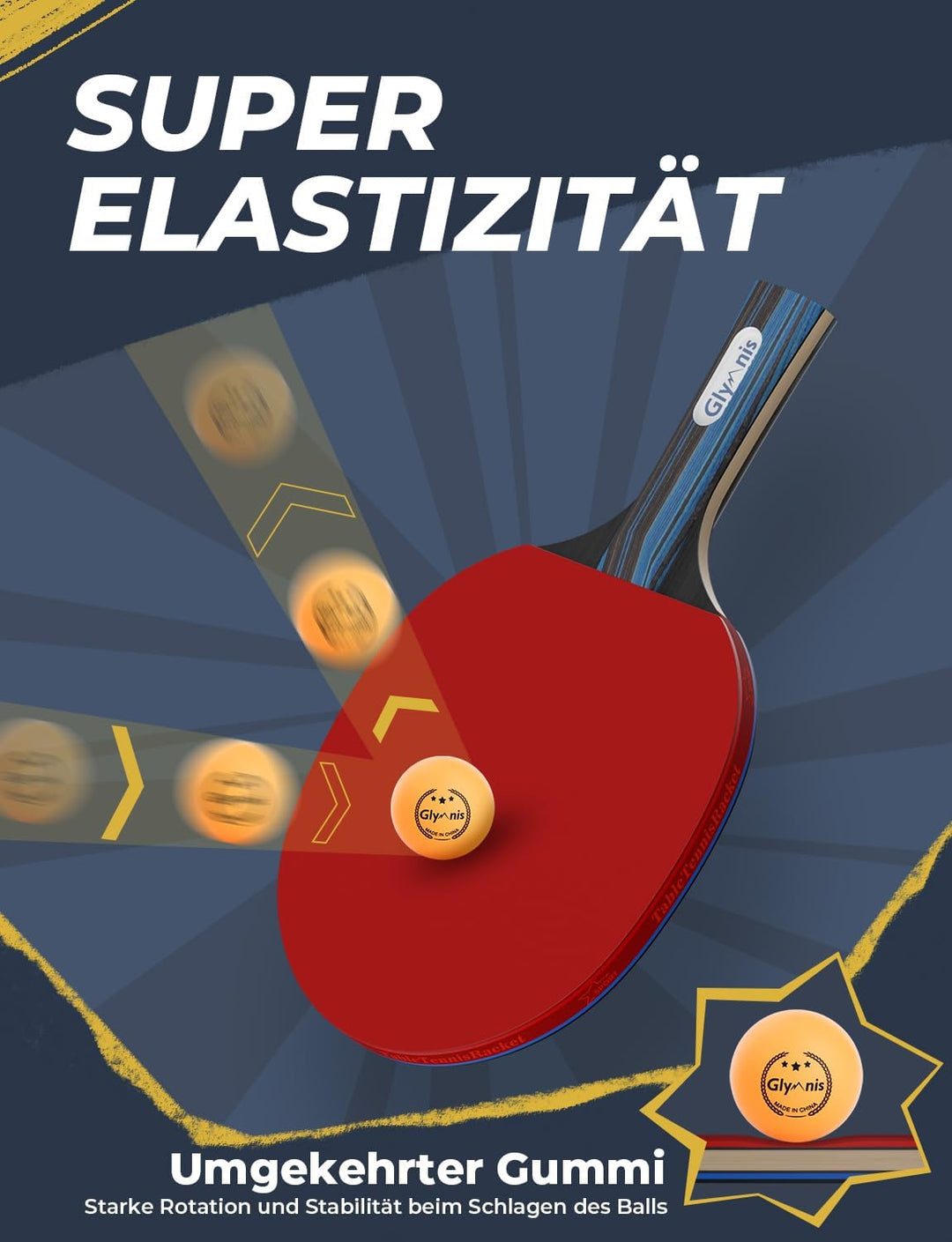 Glymnis Tischtennis Schläger, 4 Tischtennisschläger + 8 Bälle, Tischtennis Set mit 2 Tasche