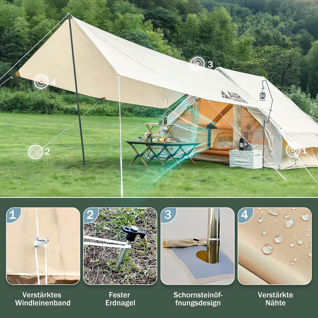 Aufblasbares Zelt 2-10 Personen, Inflatable Tent mit Rauchabzug, Camping Zelt Aufblasbar- 5 Minuten