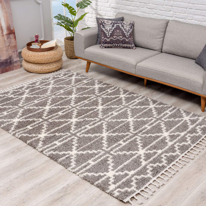 carpet city Teppich Hochflor Wohnzimmer - Ethno Skandi Stil 80x200 cm Grau Creme - Teppich-Läufer mi