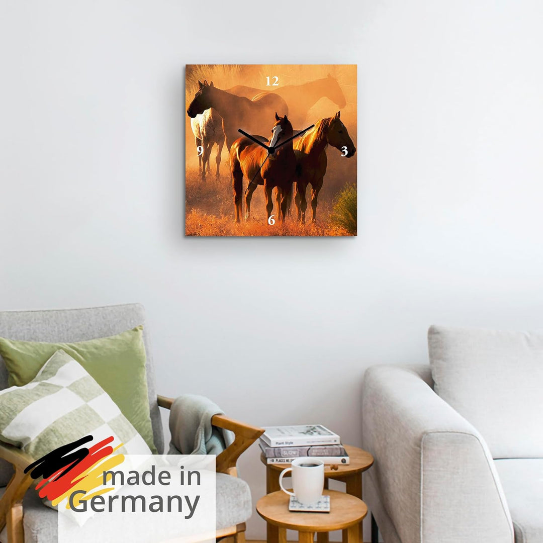 ARTLAND Wanduhr ohne Tickgeräusche Leinwand Quarzuhr 30x30 cm Quadratisch Lautlos Pferd Tiere Natur