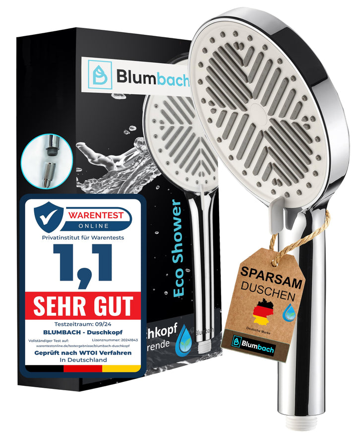 BLUMBACH Duschkopf wassersparend - Sparduschkopf 6 Liter/Min, Duschbrause Regendusche (3 Strahlarten