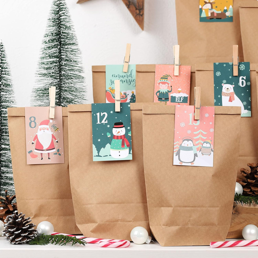 Papierdrachen Adventskalender 2025 zum Befüllen - 24 bedruckte Papiertüten mit Zahlenkarten & Klamme
