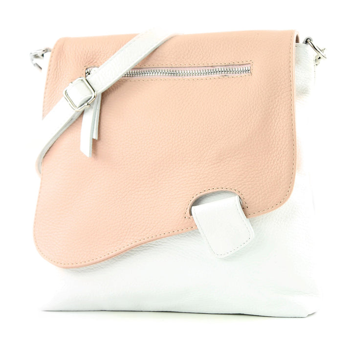 modamoda de - T146 - ital. Umhängetasche Schultertasche aus Leder Weiss/Rosa, Weiss/Rosa