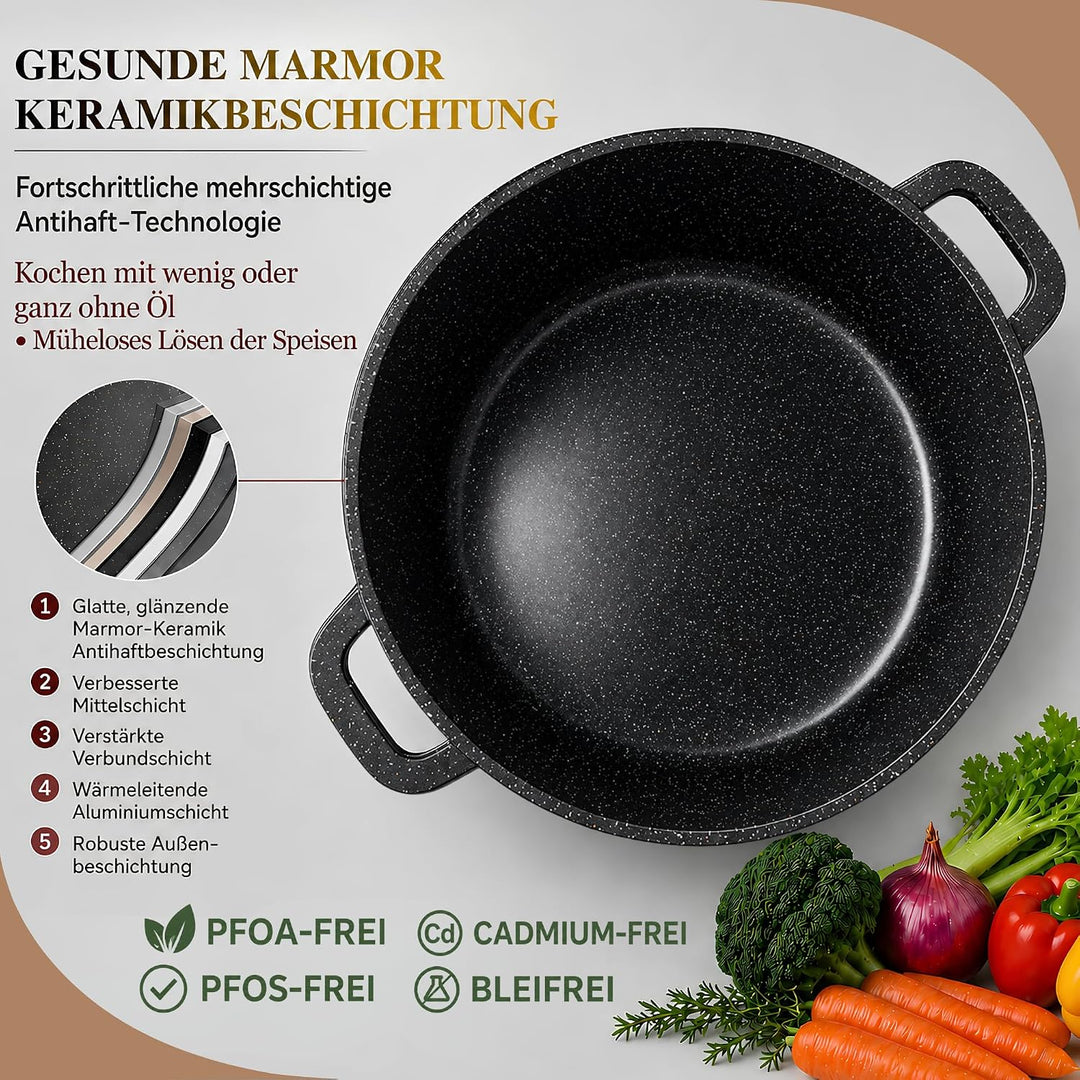 GOLDMANN Premium Gussaluminium Kochtopf 20 cm (2,3 L) – Keramik-Marmor Antihaft-Kasserolle mit Glasd