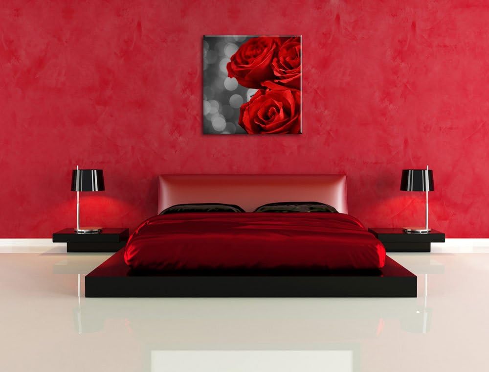 Pixxprint DREI rote Rosen / 70x70cm Leinwandbild bespannt auf Holzrahmen/Wandbild Kunstdruck Dekorat
