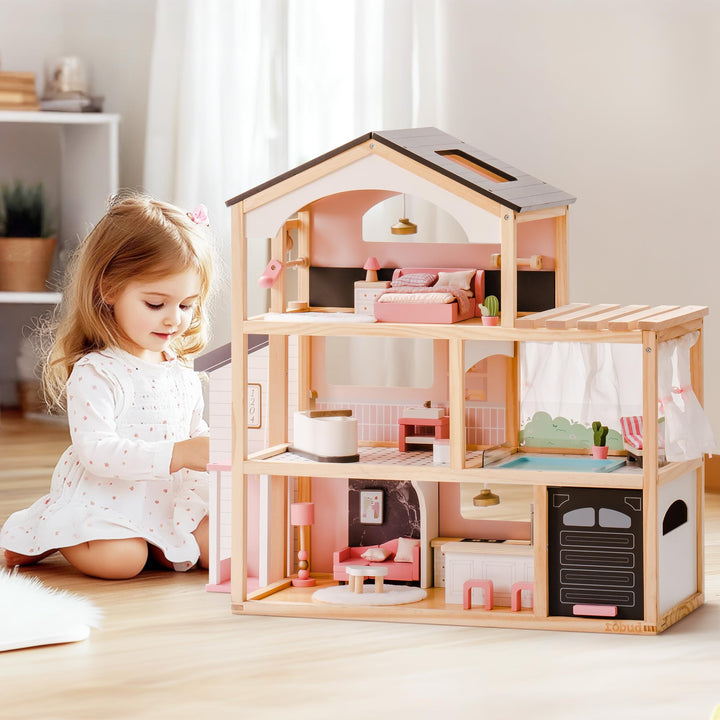 ROBUD Puppenhaus aus Holz,Puppen-Villa mit Möbel,Mit Aufzug, Garage, Pavillon und Schwimmbad,Geschen