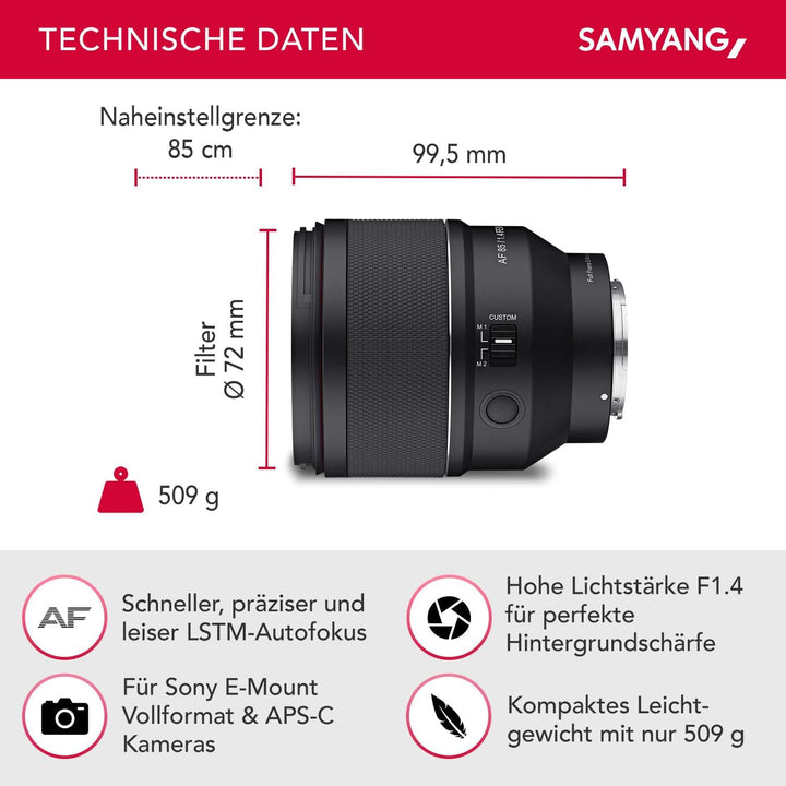 Samyang AF 85mm F1,4 II FE kompatibel mit Sony E – Autofokus Vollformat &amp; APS-C Portait Festbrennwei