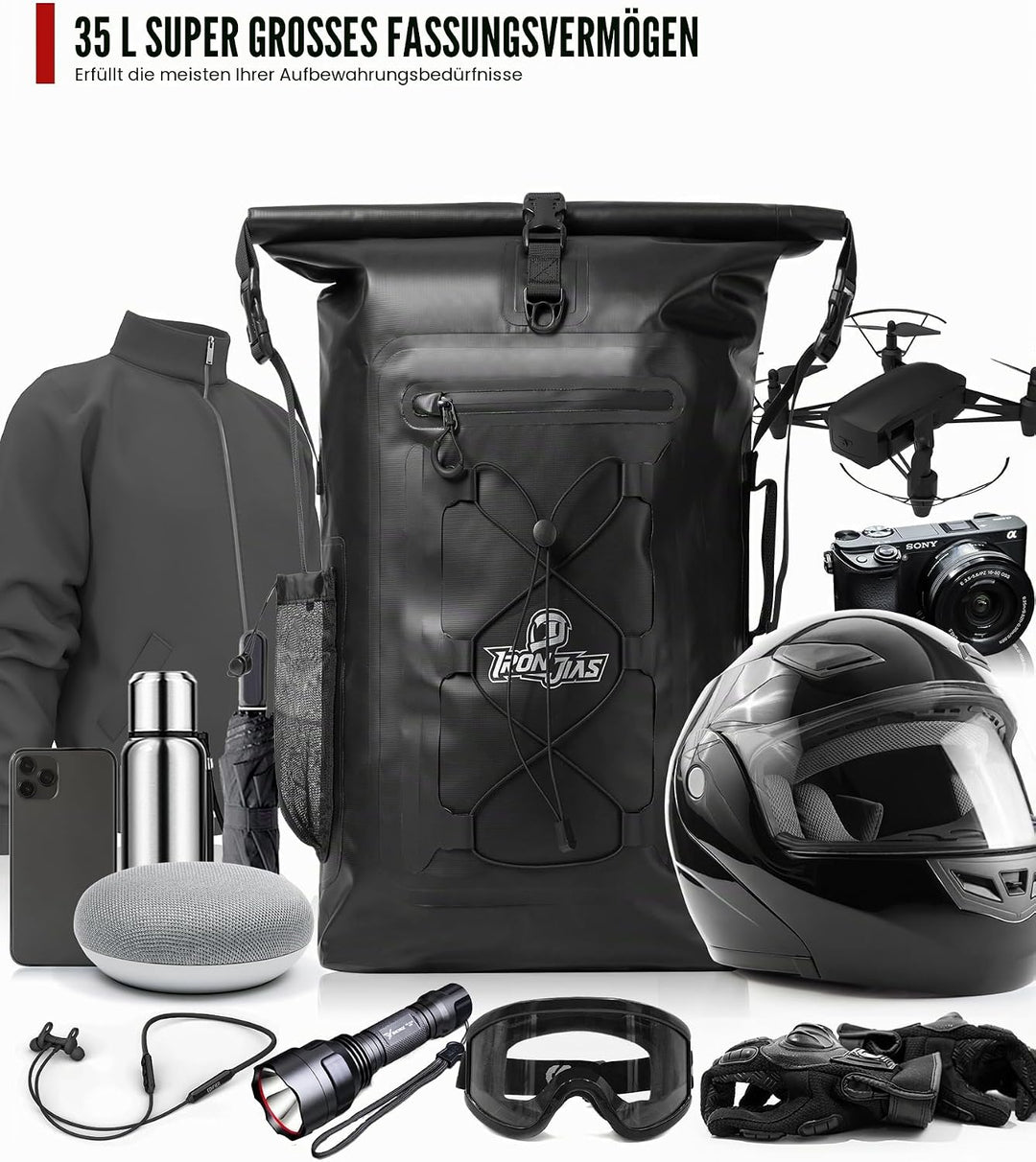 Wasserdicht Motorrad Rucksack 40L Verwendet Werden Rolltop Rucksack mit abnehmbaren Schultergurten P