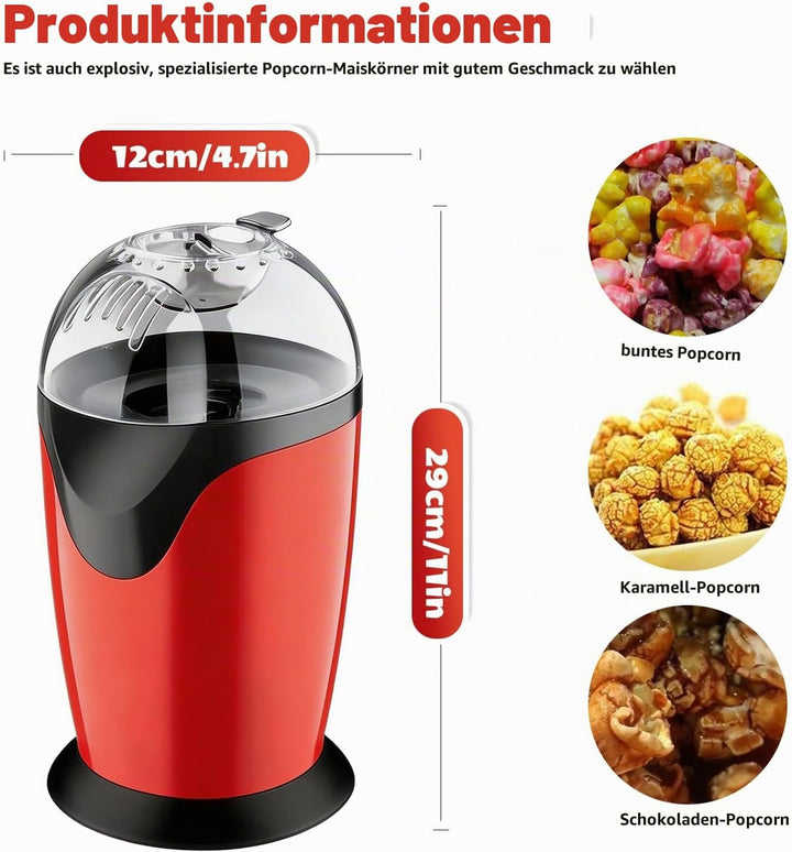 GOMETY Heissluft Popcornmaschine, 1200W Popcorn Maker Maschine, Grosse Kapazität Popcornmaschine Tra