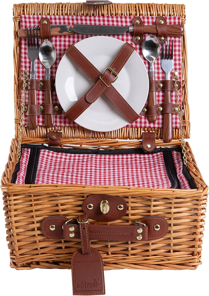 Set 1 Handgefertigtes Picknickkorb für 2 Personen mit Kühlfach und Zubehör + 1 wasserdichte Picknick