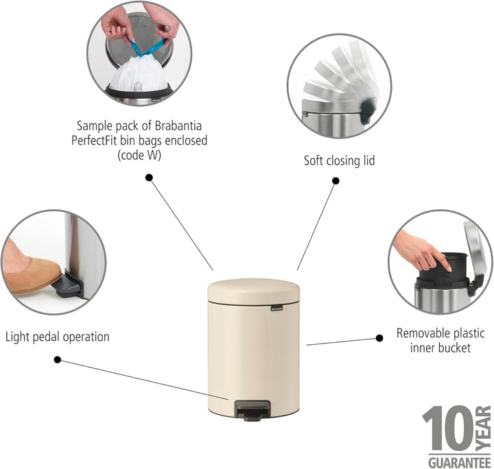 Brabantia - NewIcon Treteimer 5L - Kleiner Abfalleimer für Bad oder Toilette - Sanft Schliessender D