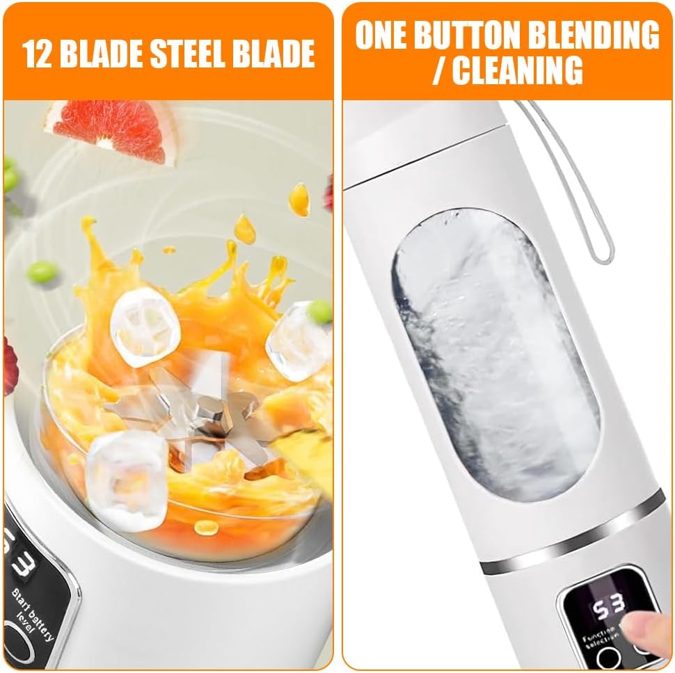 Tragbarer Mixer Smoothie Maker To Go, 450 ML Portable Blender mit LED Display&12 Klingen,USB Wiedera