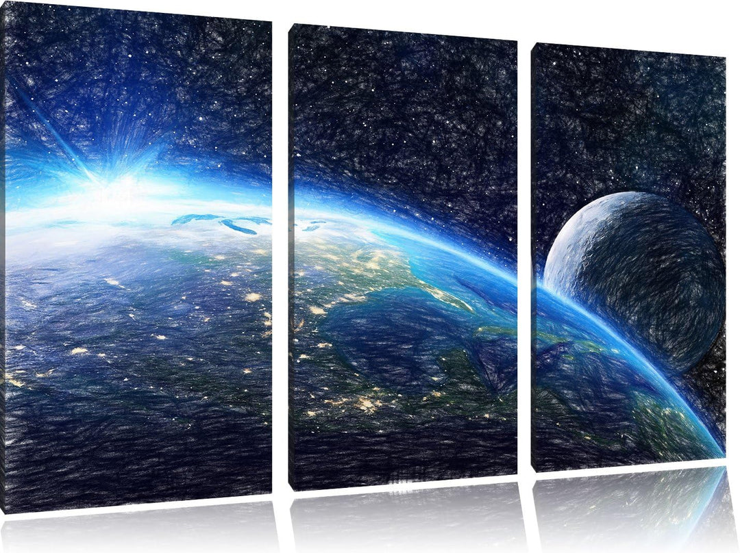 Pixxprint Die Erde und Ihr Mond aus dem All Bunstift Effekt 3-Teiler Leinwandbild 120x80 Bild auf Le