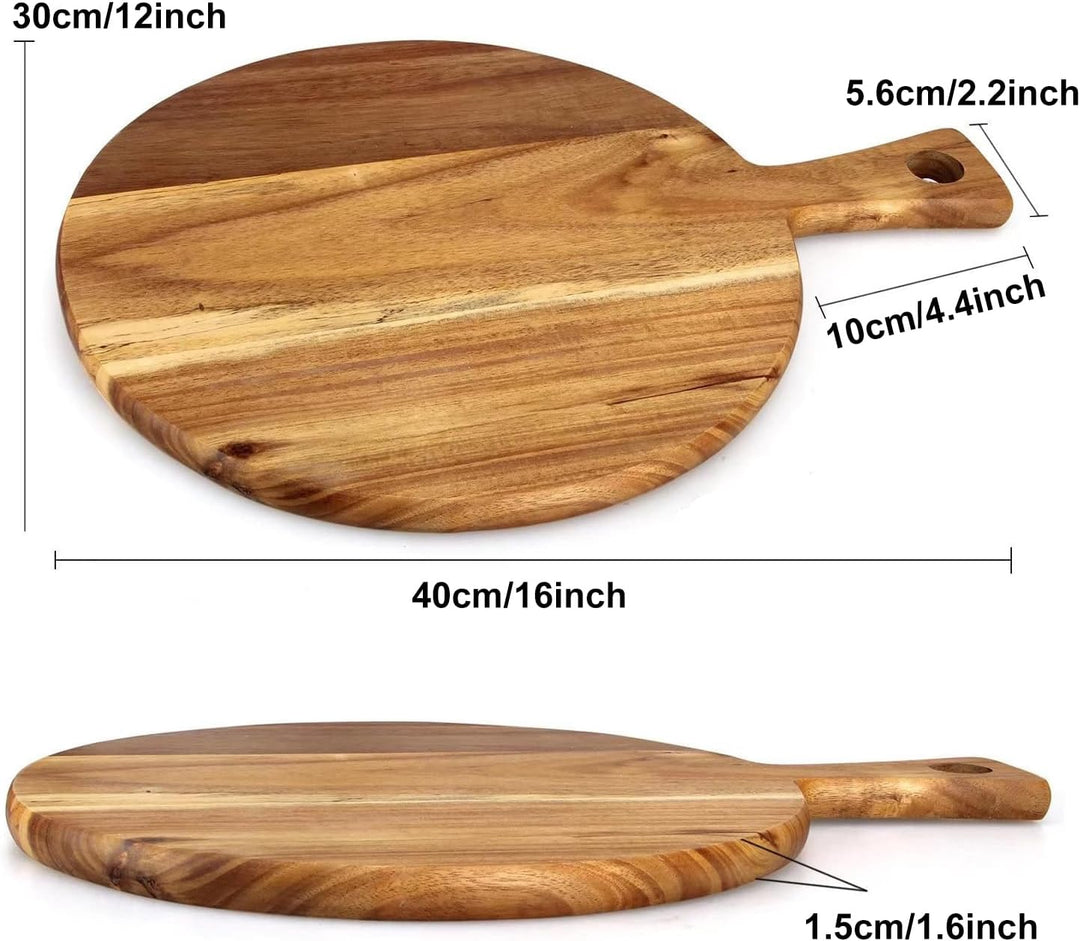 Rundes Schneidebrett aus Akazienholz, Pizza-Paddel Pizzaschaufel, Holz Schneidebrett mit Griff, Küch