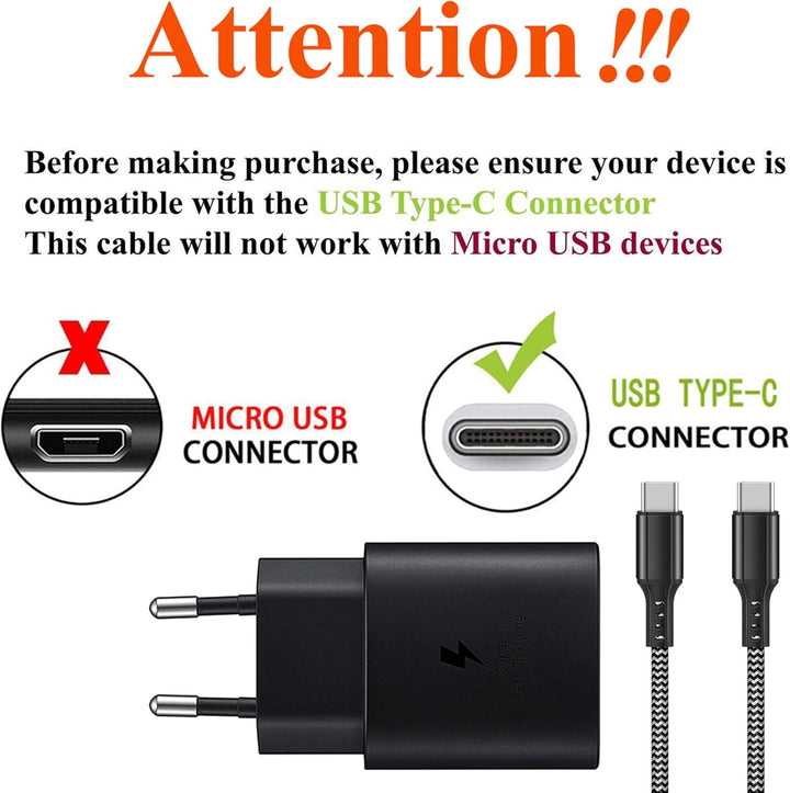 2-Pack Schnellladegerät für Samsung 25W Ladegerät, Typ C Nylon Ladekabel 2M für Samsung Galaxy S23 S