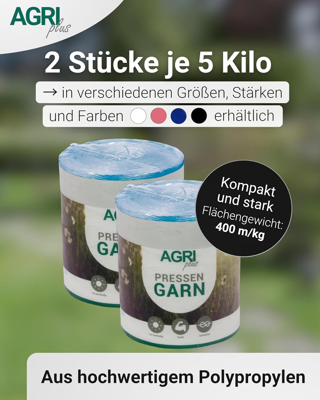 AGRI plus 1 Doppelpack Pressengarn/Erntegarn (10 kg - Für Hochdruckballen 400 m/kg, Blau) 10 kg - Fü