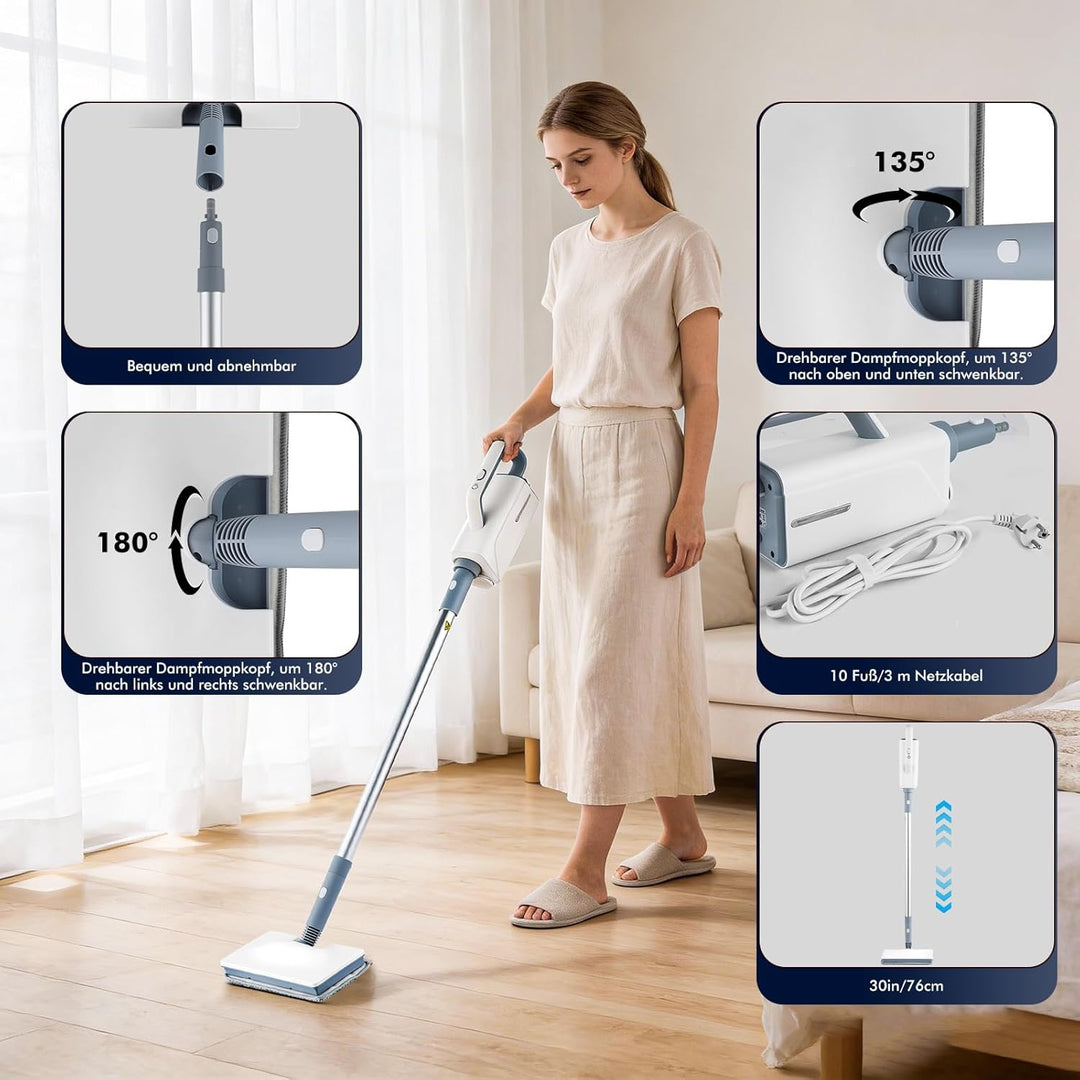 10-in-1 Dampfreiniger, 1500W Steam Mop mit abnehmbarem Handgerät, 350-ml Wassertank, 10-Sekunden Auf