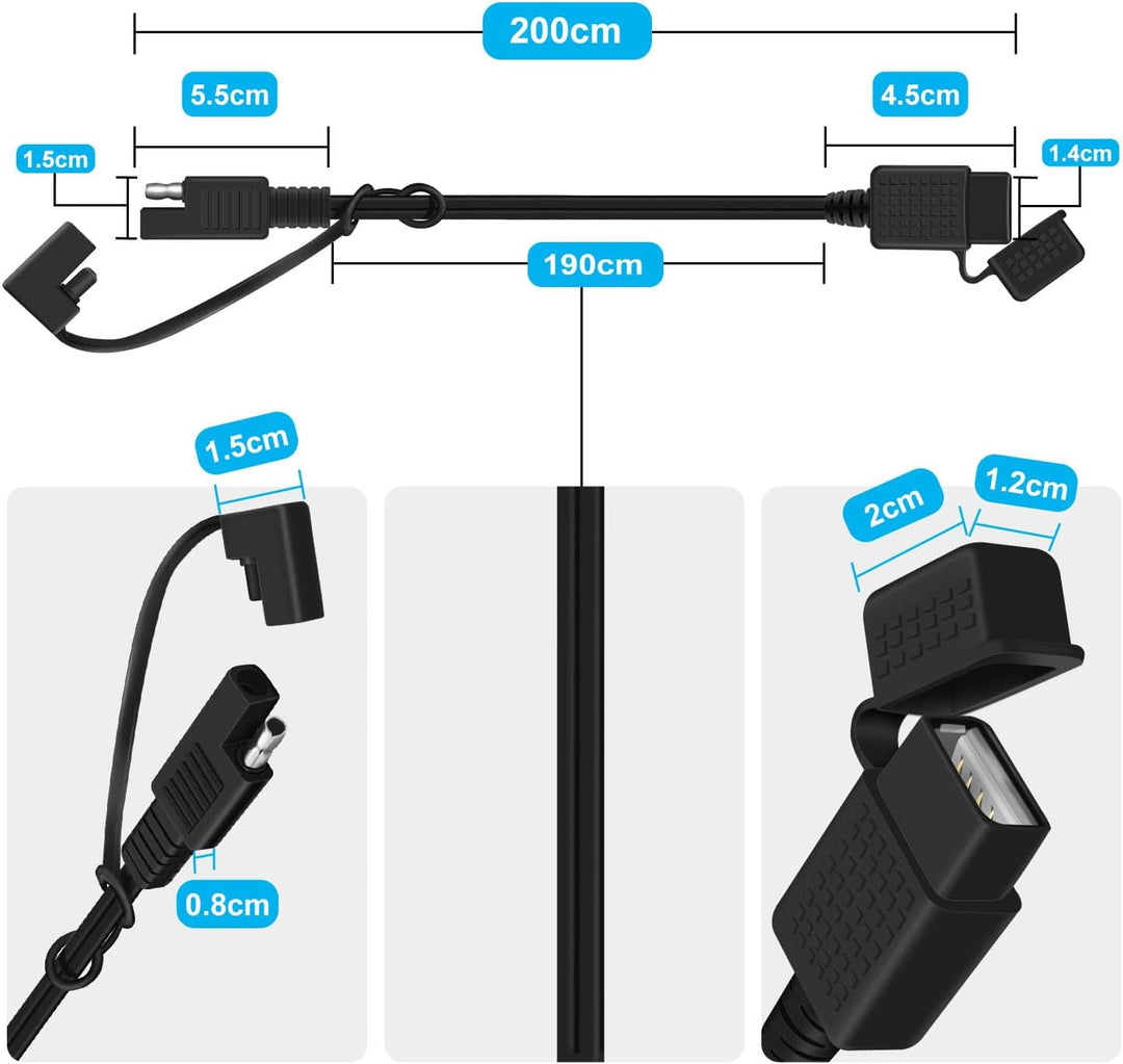 SAE auf USB Kabel USB Ladegeraet Motorrad 18AWG 5V 2,1 A mit Wasserdichter Kappe für Motorräder, Ele