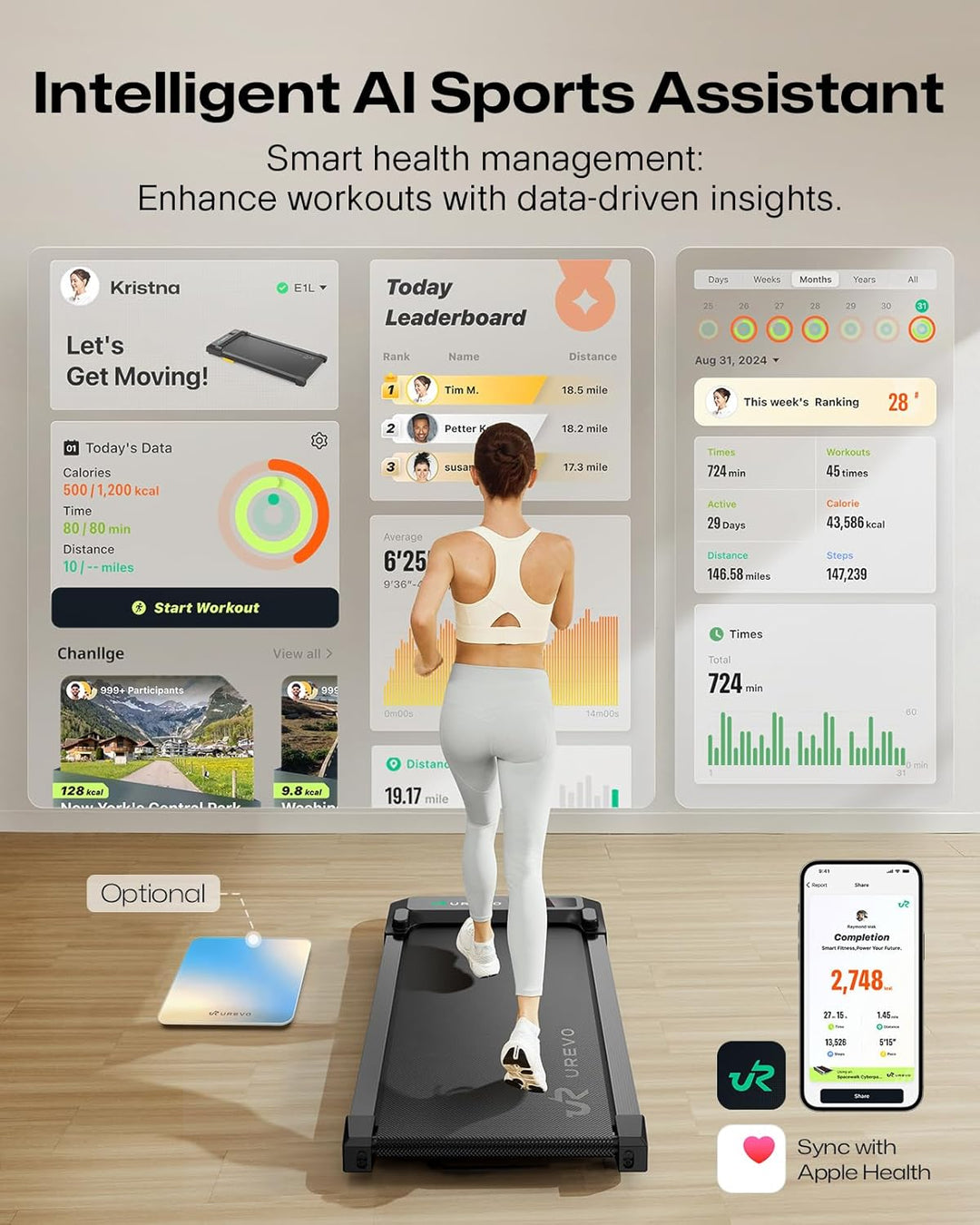 UREVO Smart Walking Pad, kompaktes Laufband unter Schreibtisch mit Acht-Punkt-Stossdämpfungs, UREVO