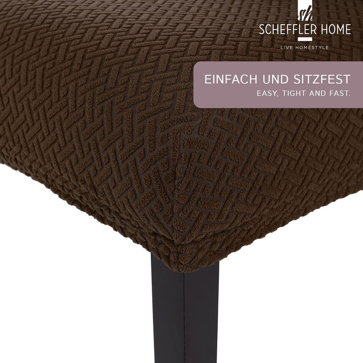 SCHEFFLER-Home Stuhlhussen Stretch Luna/Stuhlhussen Braun 6er Set/elastische Flanell Stuhlabdeckunge