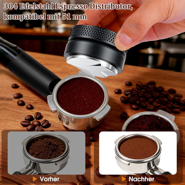 Tamper 51mm, Leveler 51mm, Espresso Barista Zubehör mit Silikonunterlagen und Reinigungsbürste, Sieb