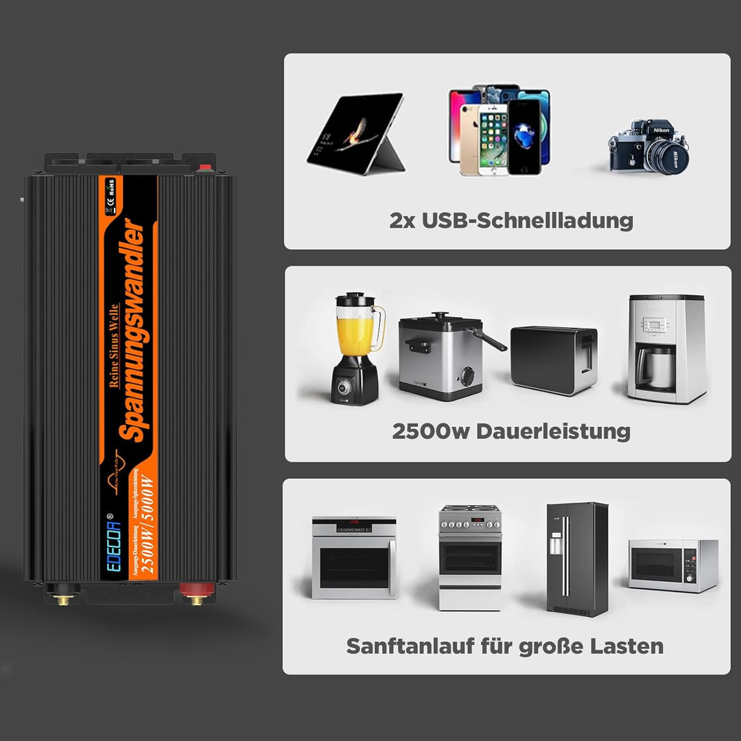 EDECOA Wechselrichter 2500w Reiner Sinus Spannungswandler 12v 230v LCD 2X USB und Fernbedienung wand