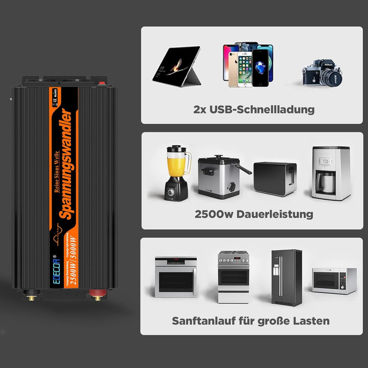 EDECOA Wechselrichter 2500w Reiner Sinus Spannungswandler 12v 230v LCD 2X USB und Fernbedienung wand