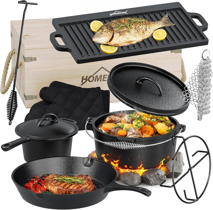 HOMELUX 10-teilig Dutch Oven Set in Holzkiste mit 4,5L Dutch Oven Topf &amp; 3,6L Saucier – Inkl. Grillp
