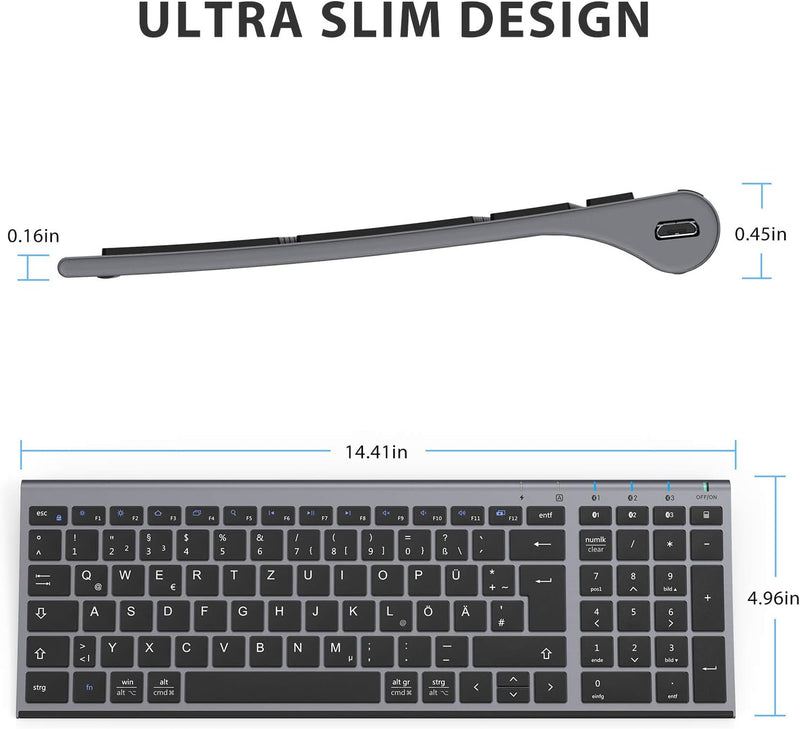 iClever Bluetooth Tastatur, Kabellose Tastatur mit 3 Bluetooth Kanälen, Funk Tastatur wiederaufladba