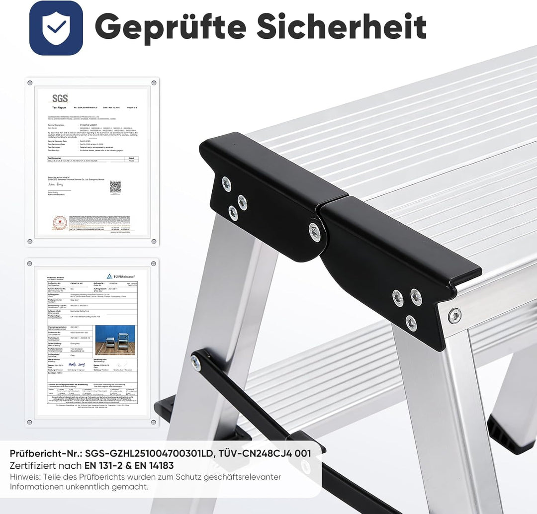 Sekey Klappbare Leiter aus Aluminium 2 Stufen, Aluleiter Beidseitig Begehbar, Klappleiter mit rutsch