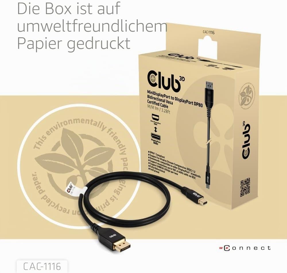 Club3D CAC-1116 MiniDisplayPort to DisplayPort DP80 Bidirectional Vesa Certified Cable 1m/ 3.28 ft,