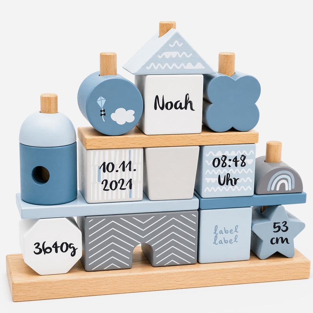 Personalisiertes Holz Steckspiel Haus Blau – Baby Geschenk zur Geburt Junge – mit Name & Geburtsdate
