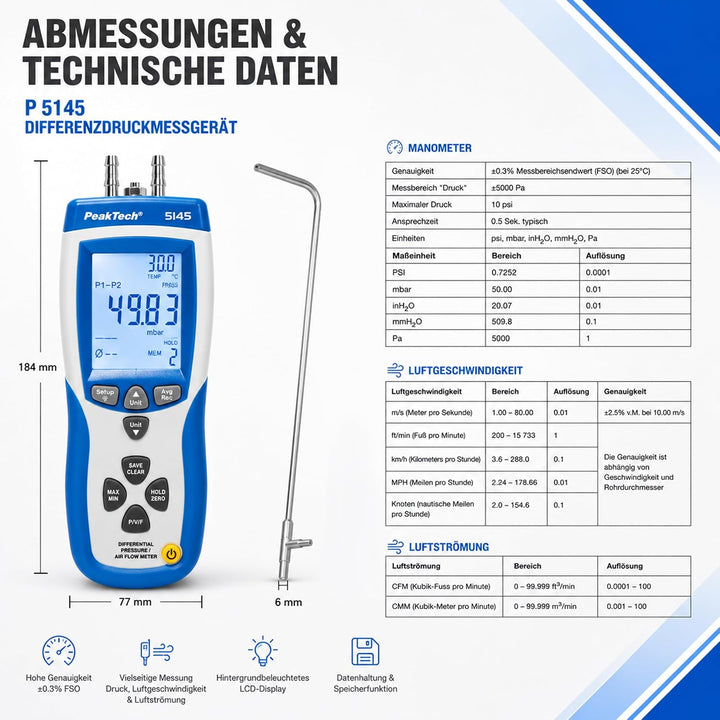 PeakTech P 5145 2 in 1 Differenz-Druckmessgerät und Luftgeschwindigkeitsmesser mit Pitot Rohr, Diffe