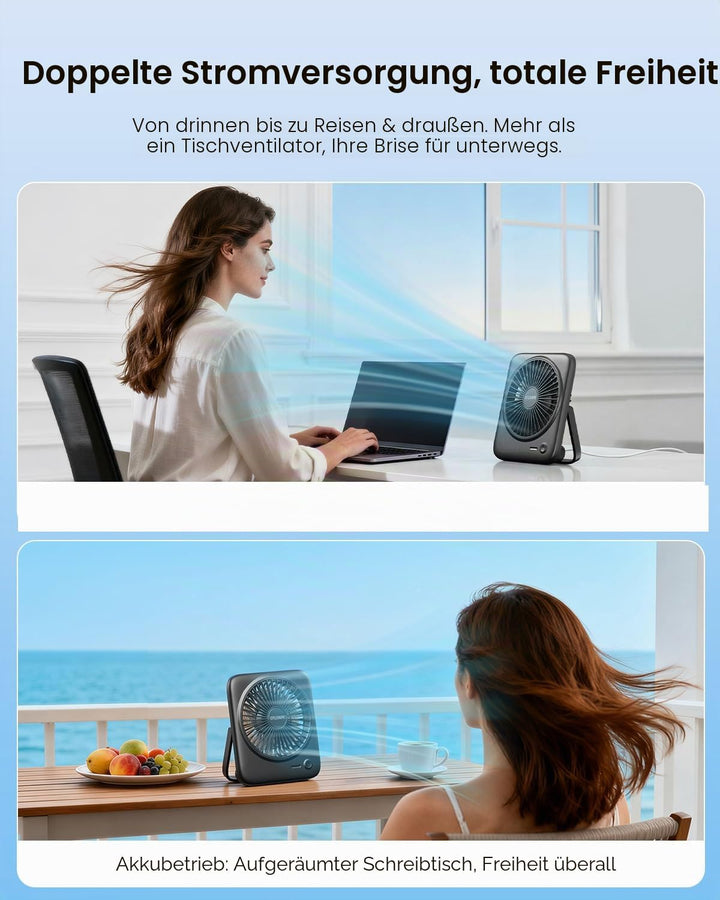 Otlonpe Tischventilator Leise, 4000mAh Akku Tisch Ventilator Tragbar, 4-Speed Tischventilatoren Klei