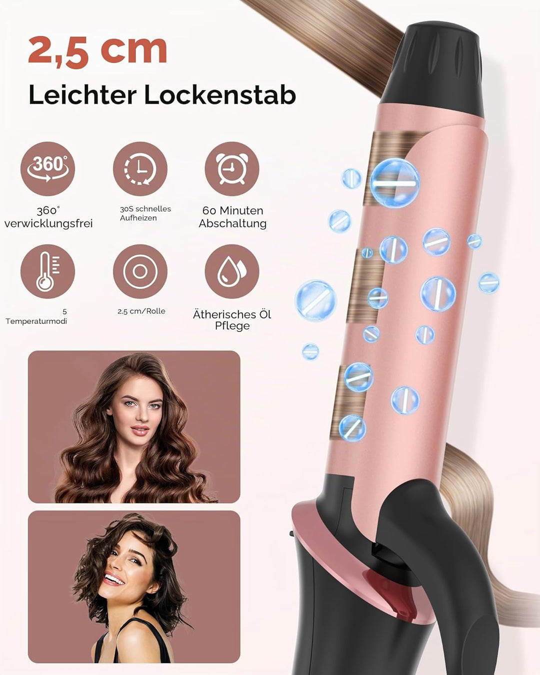 UKLISS Mini Lockenstab für Kurze Haare, 25mm Reise Lockenstab Kleine Locken, LCD Display 120-200℃, m