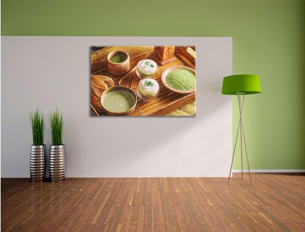Pixxprint schön dekorierter Matcha Tee als Leinwandbild/Grösse: 100x70 / Wandbild/Kunstdruck/fertig